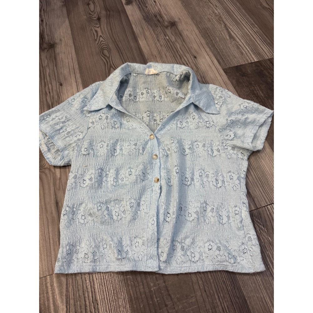 Le Lis Collection Light Blue Lace Button Down Short Sleeve Top KT4902-1 Small